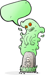 cartoon ghost rising from grave with speech bubble