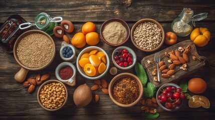 Obraz na płótnie Canvas Healthy food clean eating selection: fruit, vegetable, seeds, superfood, cereal, vegetable. Al generated illustration