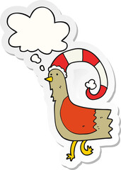 cartoon chicken in funny christmas hat with thought bubble as a printed sticker