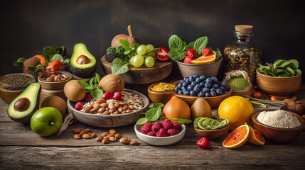 Obraz na płótnie Canvas Healthy food clean eating selection: fruit, vegetable, seeds, superfood, cereal, vegetable. Al generated illustration