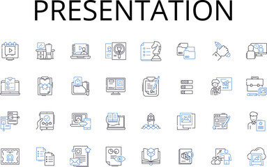 Presentation line icons collection. Performance, Demonstration, Show, Display, Lecture, Exhibit, Explanation vector and linear illustration. Pitch,Discourse,Report outline signs set