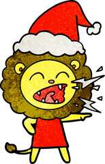 hand drawn textured cartoon of a roaring lion girl wearing santa hat