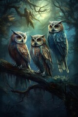 Fantasy owls in fairy forrest, on a branch, Geenrative Ai