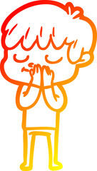 warm gradient line drawing of a cartoon happy boy