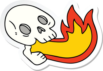 sticker of a fire breathing quirky hand drawn cartoon skull