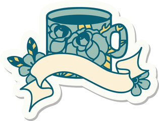 tattoo style sticker with banner of a cup and flowers