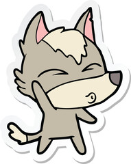 sticker of a cartoon waving wolf whistling