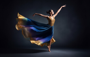 The dynamic swirl of colors envelops the dancer, creating an image that captures the fluidity and vibrancy of her performance.