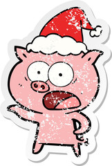 hand drawn distressed sticker cartoon of a pig shouting wearing santa hat