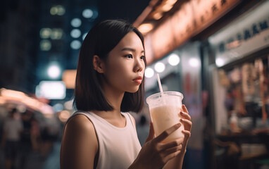 The contemplative gaze of a woman sipping her bubble tea adds a serene quality to the bustling nighttime street setting.