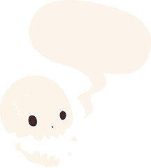 cartoon spooky skull with speech bubble in retro style