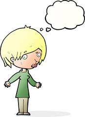 cartoon woman shrugging shoulders with thought bubble