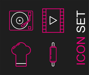 Set line Rolling pin, Chef hat, Play Video and Vinyl player with vinyl disk icon. Vector