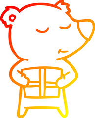 warm gradient line drawing of a happy cartoon polar bear with present