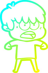 cold gradient line drawing of a worried cartoon boy
