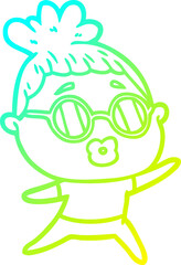 cold gradient line drawing of a cartoon dancing woman wearing sunglasses