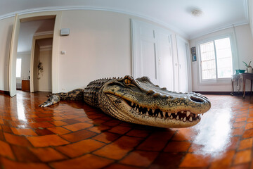 generative ai illustration of crocodile living in a house or apartment