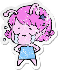 distressed sticker of a cartoon crying alien girl