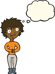 cartoon crazy excited woman with thought bubble