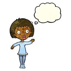 cartoon waving woman with thought bubble