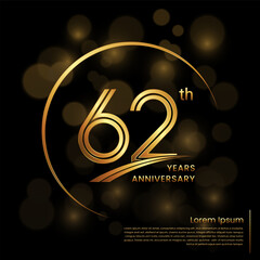 62th Anniversary logo design with double line numbers. Golden color number and ring for anniversary celebration event, invitation, poster, banner, flyer, web template. Logo Vector Template