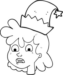 freehand drawn black and white cartoon stressed woman wearing santa hat