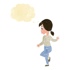 cartoon woman waving with thought bubble