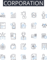 Corporation line icons collection. Business entity, Conglomerate, Company group, Commercial enterprise, Concern organization, Inc undertaking, Joint venture vector and linear illustration. Limited