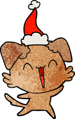 happy little dog hand drawn textured cartoon of a wearing santa hat