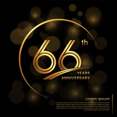 66th Anniversary logo design with double line numbers. Golden color number and ring for anniversary celebration event, invitation, poster, banner, flyer, web template. Logo Vector Template