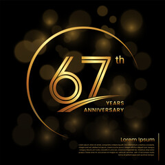 67th Anniversary logo design with double line numbers. Golden color number and ring for anniversary celebration event, invitation, poster, banner, flyer, web template. Logo Vector Template
