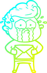 cold gradient line drawing of a cartoon crying man receiving letter