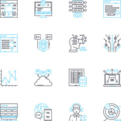 Cloud storage linear icons set. Backup, Virtualization, Cloud, Online, Storage, Sync, Share line vector and concept signs. Accessibility,Security,Disaster outline illustrations