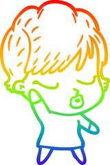 rainbow gradient line drawing of a cartoon woman with eyes shut