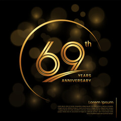 69th Anniversary logo design with double line numbers. Golden number and ring for anniversary celebration event, invitation, poster, banner, flyer, web template. Logo Vector Template