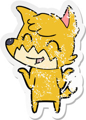 distressed sticker of a happy cartoon fox