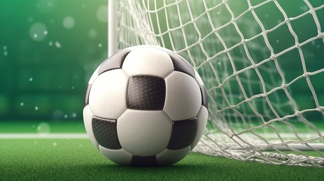 Soccer ball in goal with green background photo realistic. AI generated