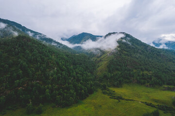 Fototapeta premium Altai mountains summer Russia, aerial top view. Blue Katun river with fog mood