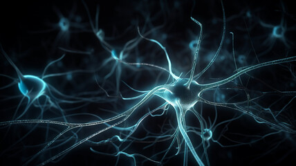 Neuron cells system - 3D rendered image of Neuron cell network, Generative AI