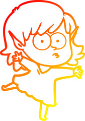 warm gradient line drawing of a cartoon elf girl staring