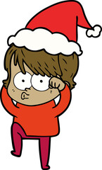 hand drawn line drawing of a woman wearing santa hat