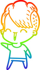 rainbow gradient line drawing of a cartoon happy hipster girl