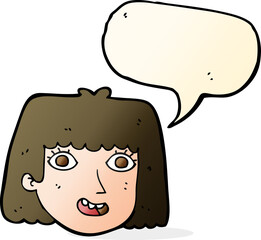 cartoon happy female face with speech bubble