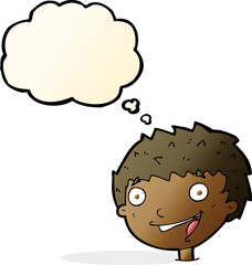 cartoon laughing boy with thought bubble