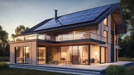 Solar panel modern house with panoramic windows. AI generated