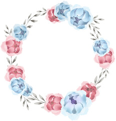 Watercolor botanical illustration, christening, baptism  floral wreath ,peony flowers, round frame, summer, clip art isolated on transparent background