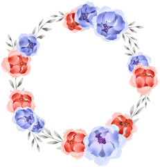 Watercolor botanical illustration, christening, baptism  floral wreath ,peony flowers, round frame, summer, clip art isolated on transparent background