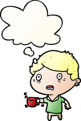 cartoon man with cup of coffee with thought bubble in smooth gradient style