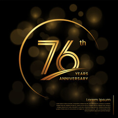 76th Anniversary logo design with double line numbers. Golden number and ring for anniversary celebration event, invitation, poster, banner, flyer, web template. Logo Vector Template