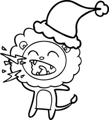 hand drawn line drawing of a roaring lion wearing santa hat